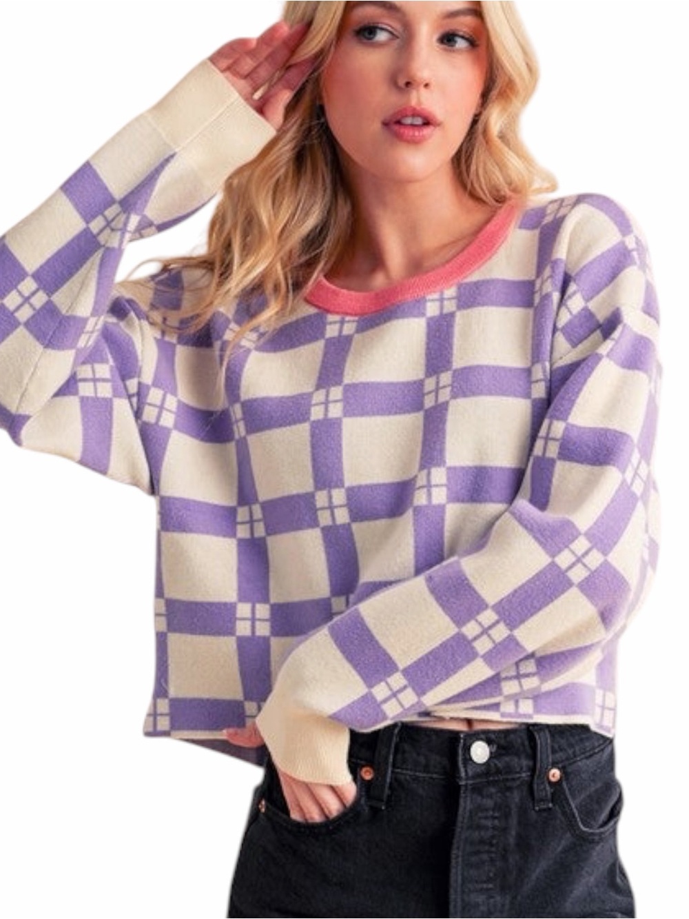 Anthropologie | Daily Practice - Cropped Plaid Sweater – Lavender Pink – Sz. XS